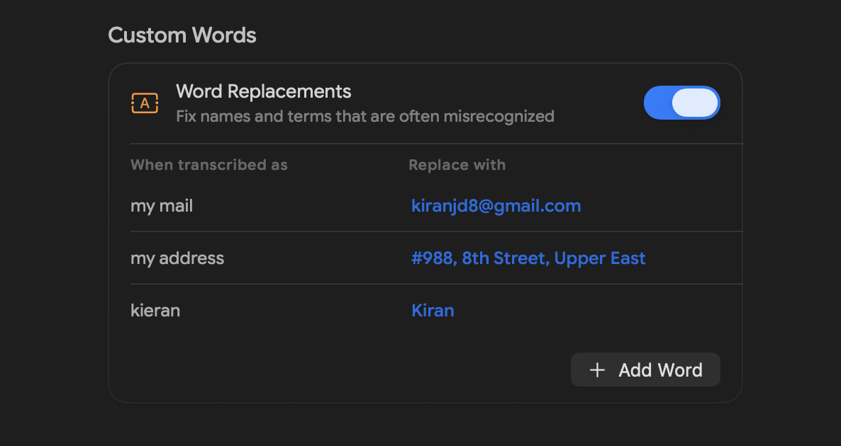 Speakmac custom words and text replacements settings